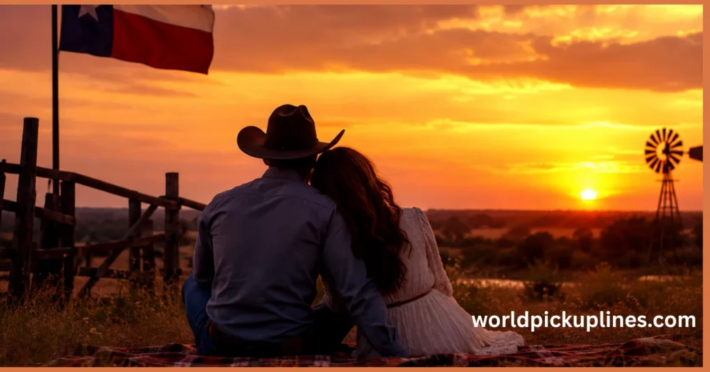 A couple sitting together on a blanket, watching a glowing sunset near a Texas flag, wooden fence, and windmill.