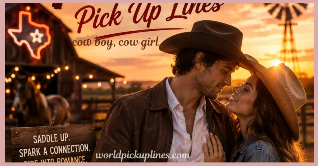 A cowboy and cowgirl sharing an intimate moment at sunset on a ranch, next to a illuminated rustic barn and a neon Texas sign.