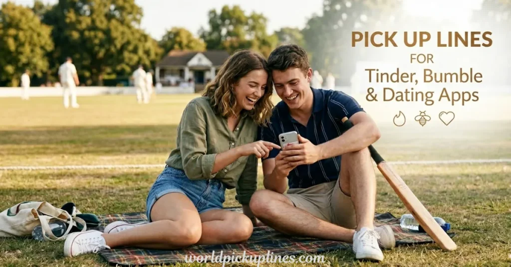 A couple sitting on a blanket on a cricket field looking at a smartphone together, next to text that reads "PICK UP LINES FOR Tinder, Bumble & Dating Apps."