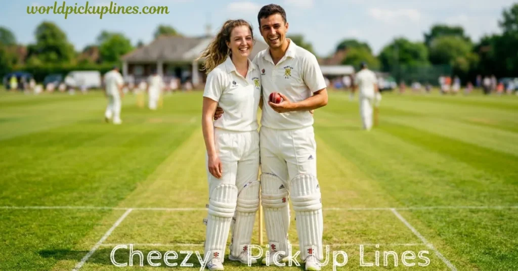 A smiling couple wearing white cricket whites standing together on a pitch, with text reading "Cheezy Pick Up Lines."