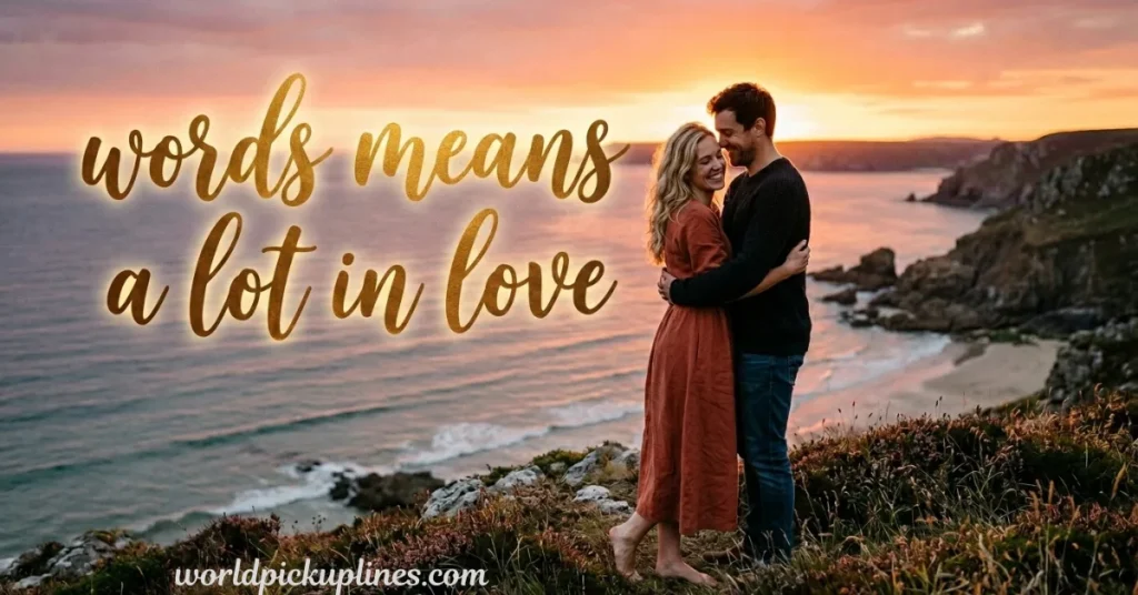 A couple embracing on a coastal cliff at sunset beside the text "words means a lot in love."