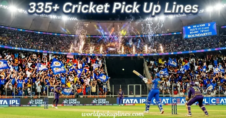 Crowded cricket stadium during an IPL match with text overlay "335+ Cricket Pick Up Lines."