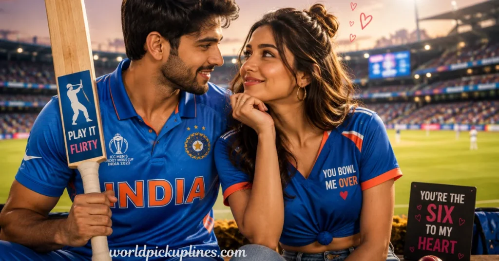 A young couple in Indian cricket jerseys gazing at each other in a stadium, surrounded by cricket-themed flirty text.