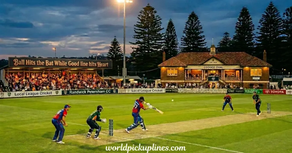 A cricket match underway at twilight at Coogee Oval, featuring a grandstand banner that reads "Ball Hits the Bat While Good line hits Heart."