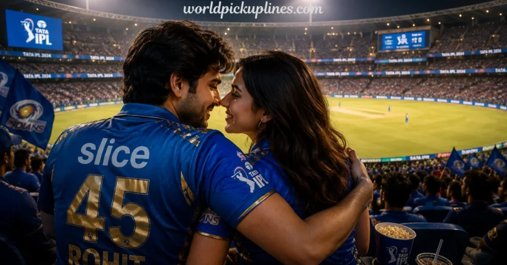 A couple in Mumbai Indians jerseys embracing during an IPL match in a crowded stadium.