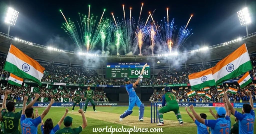 A dramatic cricket match between India and Pakistan with fireworks exploding over the stadium and fans waving national flags.