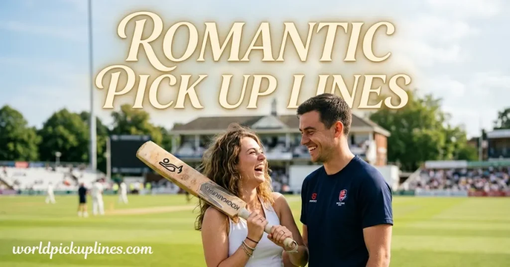 A smiling couple laughing on a cricket field, with the woman holding a cricket bat beneath text reading "Romantic Pick Up Lines."