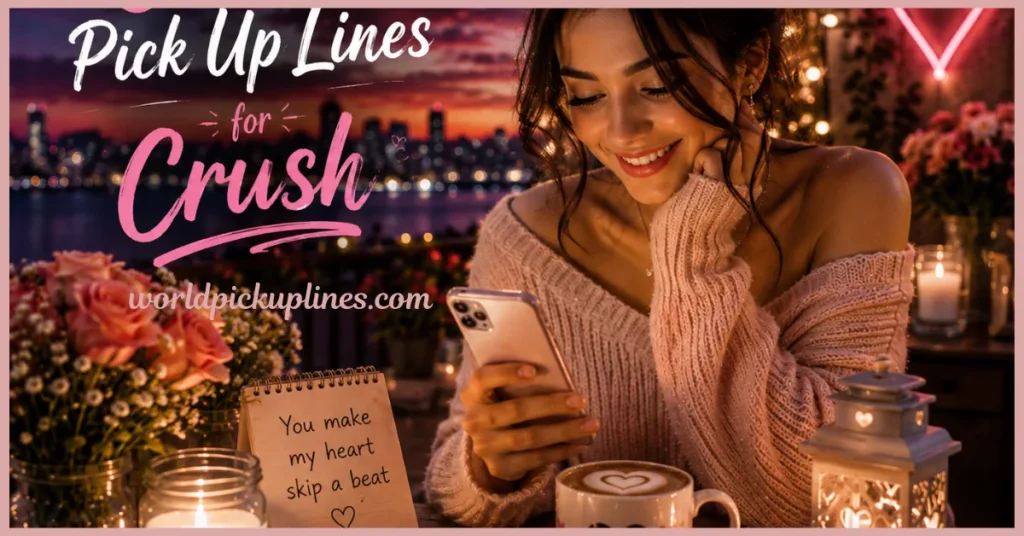 A smiling woman looking down at her smartphone against a city skyline at dusk, with text overlay reading "Pick Up Lines for Crush" and the watermark "worldpickuplines.com."