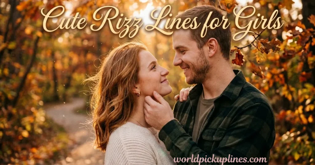 A smiling couple looking into each other's eyes in an autumn forest, with text reading "Cute Rizz Lines for Girls" and the watermark "worldpickuplines.com."