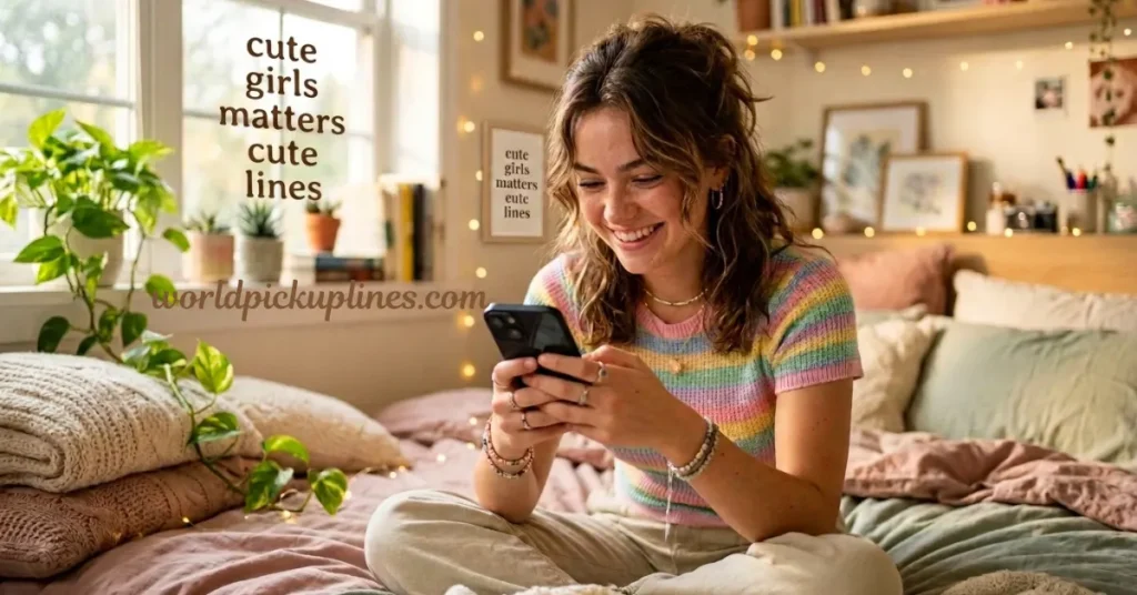 A smiling woman in a striped top sitting on a cozy bed while looking at her phone, with overlay text that reads "cute girls matters cute lines" and the website URL "worldpickuplines.com."