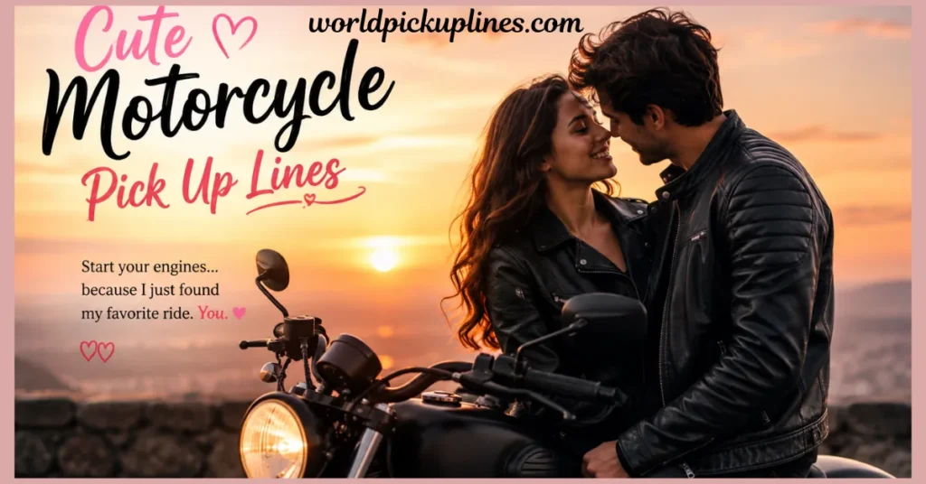 A smiling couple in black leather jackets leaning close together on a motorcycle at sunset, with text reading "Cute Motorcycle Pick Up Lines."