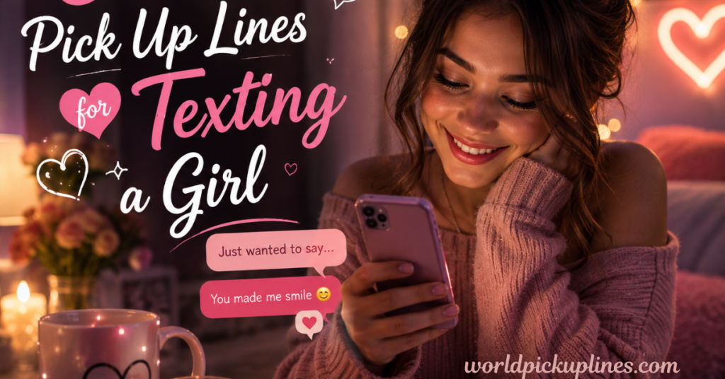A smiling woman in a cozy sweater looking at her phone, with text overlay reading "Pick Up Lines for Texting a Girl," sample text bubbles, and the watermark "worldpickuplines.com."