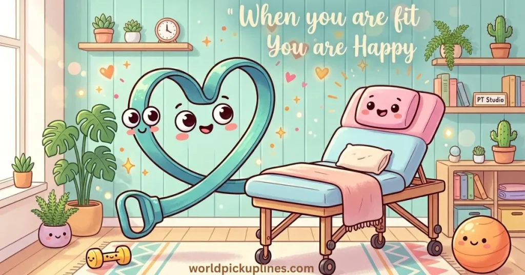 An illustration of a cartoon resistance band bent into a heart shape next to a smiling therapy bed, with the text "When you are fit You are Happy."