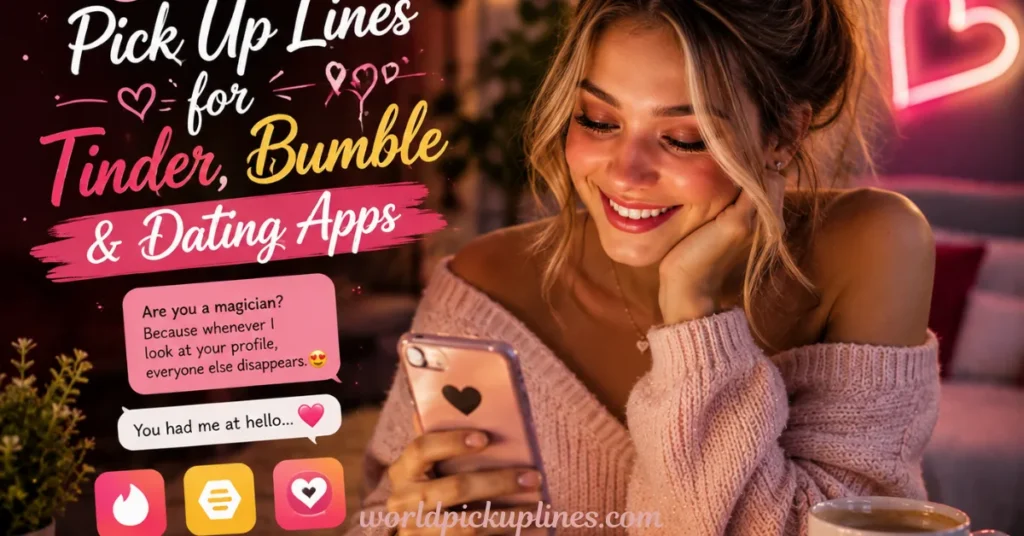 A smiling woman looking at her phone, with text reading "Pick Up Lines for Tinder, Bumble & Dating Apps" and the watermark "worldpickuplines.com."