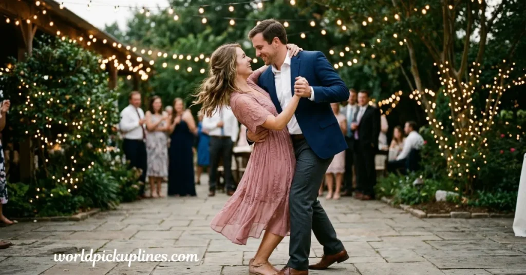 A smiling couple dancing outdoors at an evening event lit by string lights.
