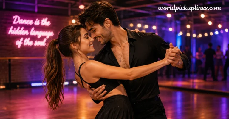 A man and woman dancing closely together in a studio under warm lighting, with a pink neon sign reading "Dance is the hidden language of the soul".