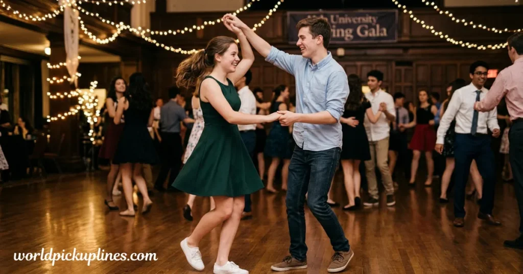 A young couple dancing together joyfully at a university gala under string lights.