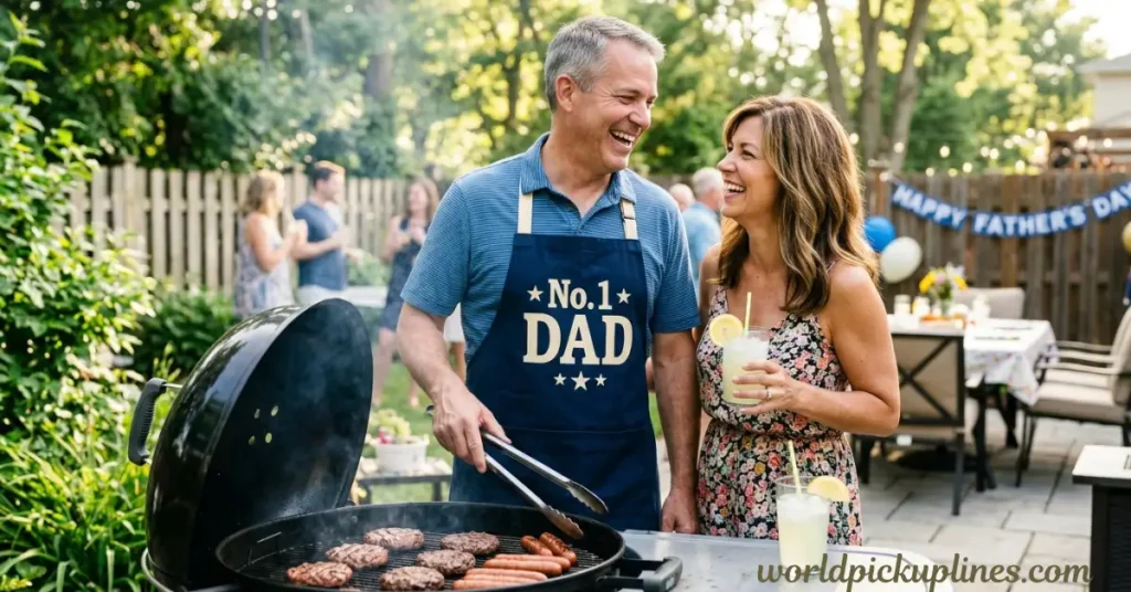 A middle-aged man in a "No. 1 Dad" apron grilling food while laughing with a woman holding a drink at a backyard Father's Day party.