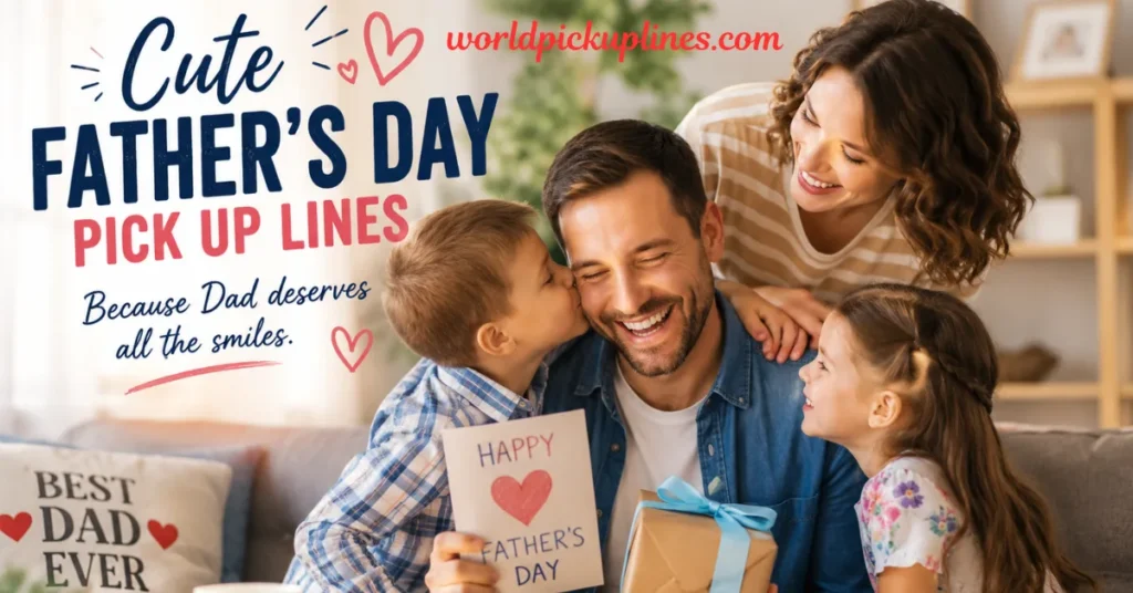 A happy father smiling while receiving gifts and kisses from his family, alongside text reading "Cute Father's Day Pick Up Lines."