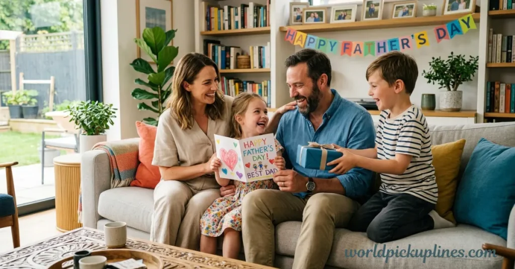 A family sitting on a sofa while two children present a Father's Day card and a gift to their smiling dad.