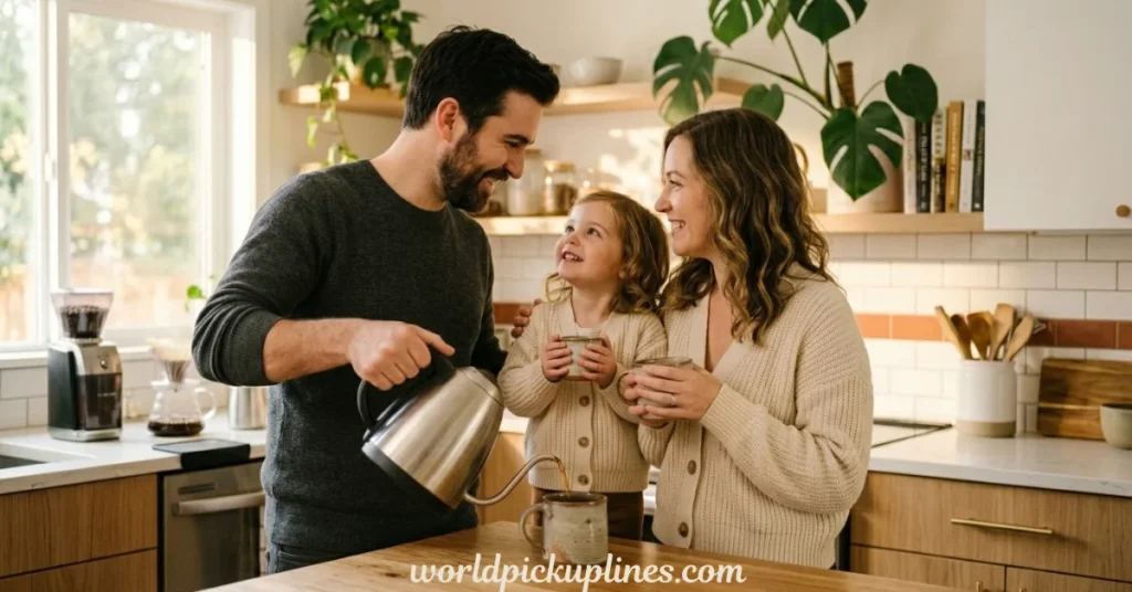 A father pouring hot water into a mug while his smiling wife and young child hold cups in a cozy kitchen.