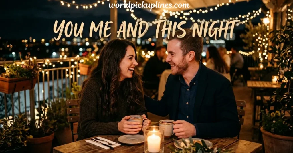 A couple smiling and drinking coffee together at an outdoor balcony restaurant illuminated by fairy lights, with text reading "YOU ME AND THIS NIGHT."