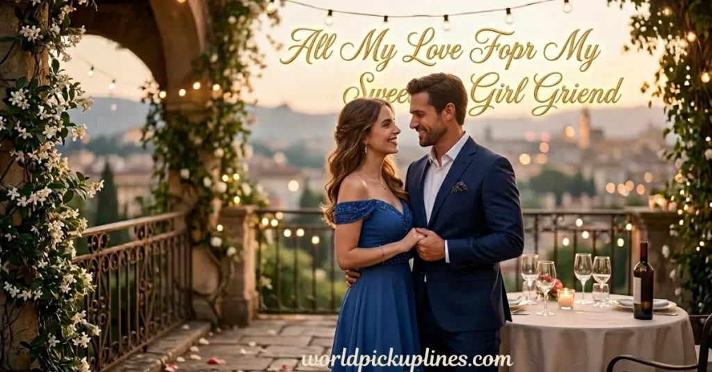 A well-dressed couple holding hands on a balcony at sunset, with golden text overhead reading "All My Love Fopr My Sweet Girl Griend."