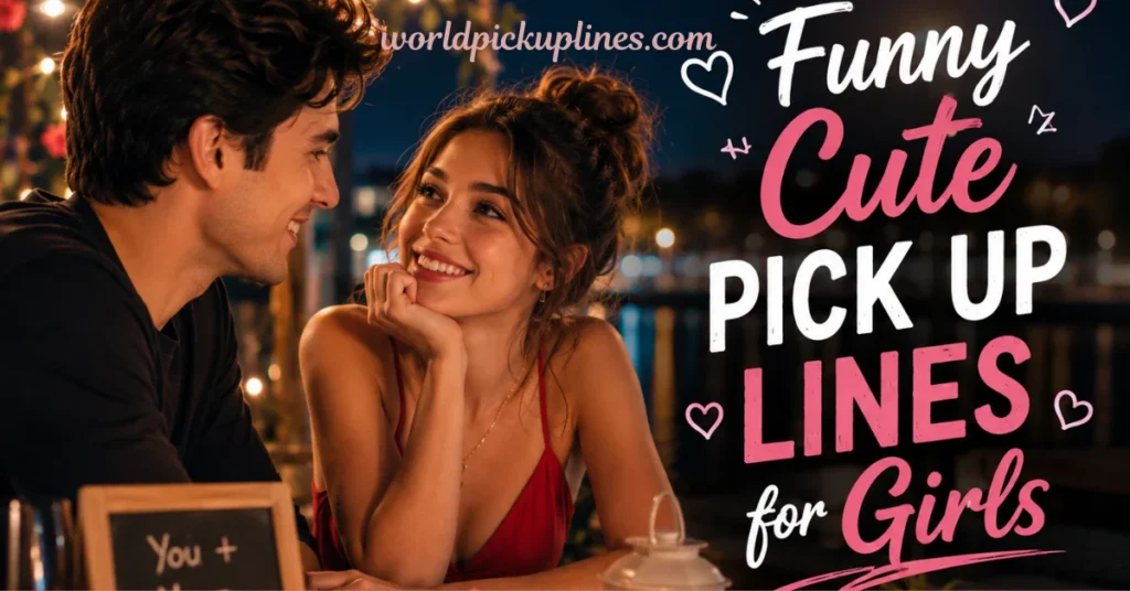 A smiling woman in a red top leaning on her hand while looking at a man, with text reading "Funny Cute Pick Up Lines for Girls" and the watermark "worldpickuplines.com."
