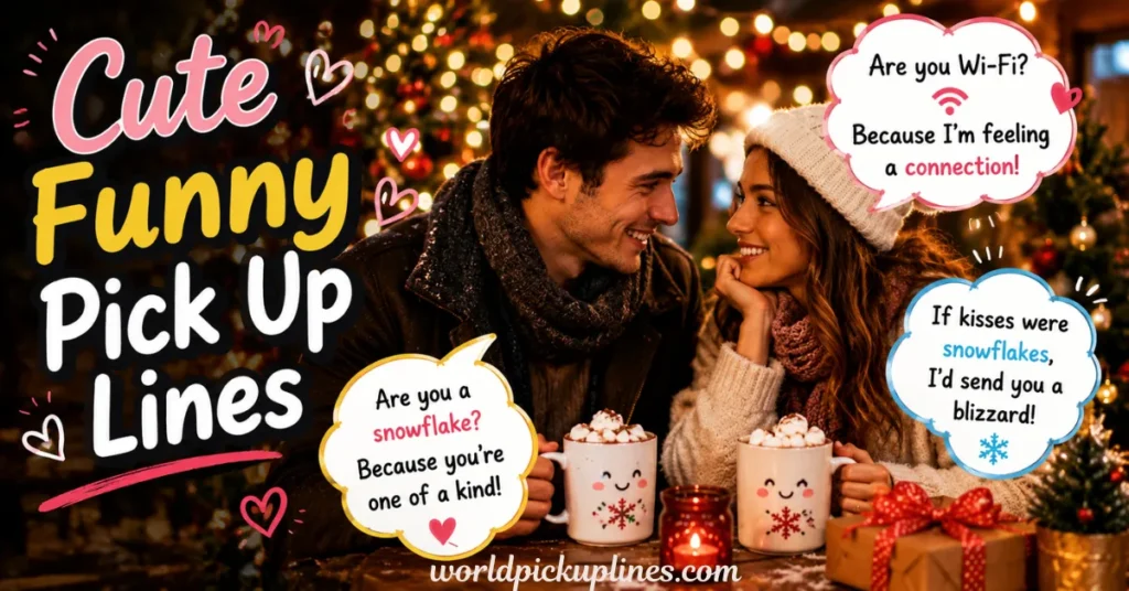 A cozy couple enjoying hot chocolate together in front of a Christmas tree, surrounded by speech bubbles with cute pick-up lines.