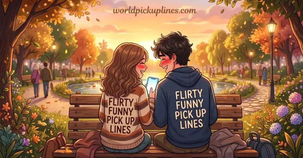 An animated couple sitting on a park bench looking at a phone, with "FLIRTY FUNNY PICK UP LINES" printed on their sweaters.