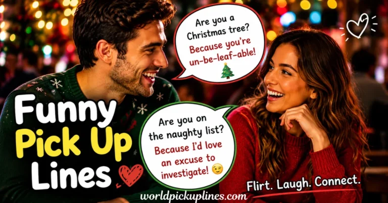 A smiling man and woman sharing a laugh together, accompanied by speech bubbles with Christmas-themed pick-up lines.