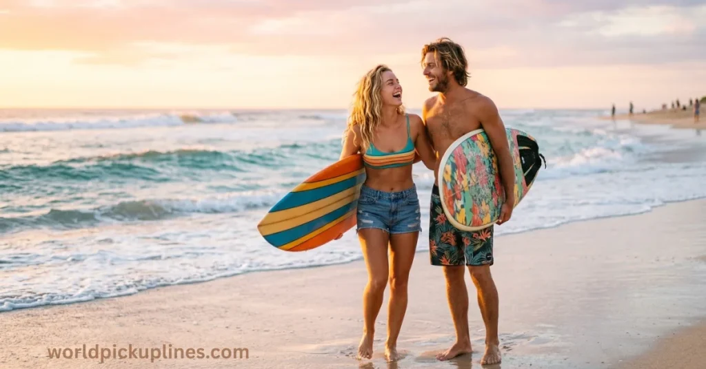 A smiling man and woman walking along the beach holding surfboards at sunset.