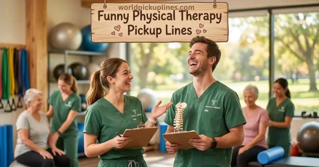 Two physical therapists in green scrubs laughing together in a clinic, one holding a small spine model, beneath a sign reading "Funny Physical Therapy Pickup Lines."
