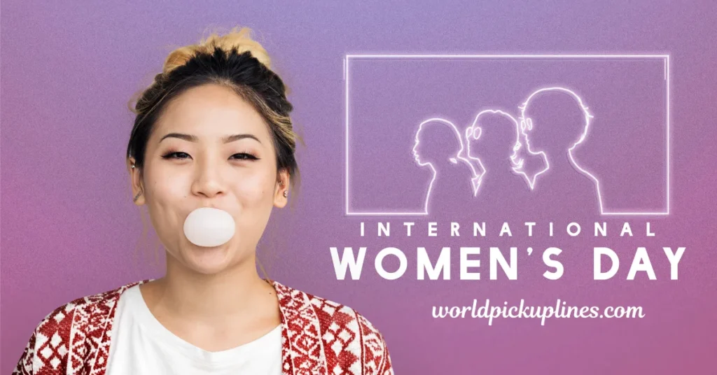 A young woman blowing a bubble with bubblegum beside neon text that reads "International Women's Day."