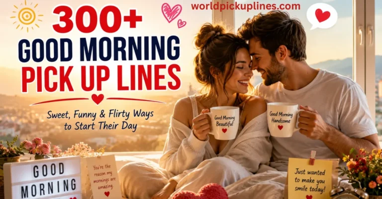 A banner titled "300+ Good Morning Pick Up Lines" featuring a cozy couple sipping coffee by a sunny window with romantic morning decorations.