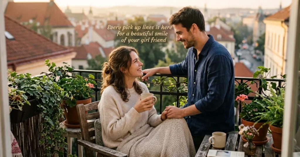 A smiling couple holding hands on a balcony overlooking a city skyline, with text reading "Every pick up lines is here for a beautiful smile of your girl friend."