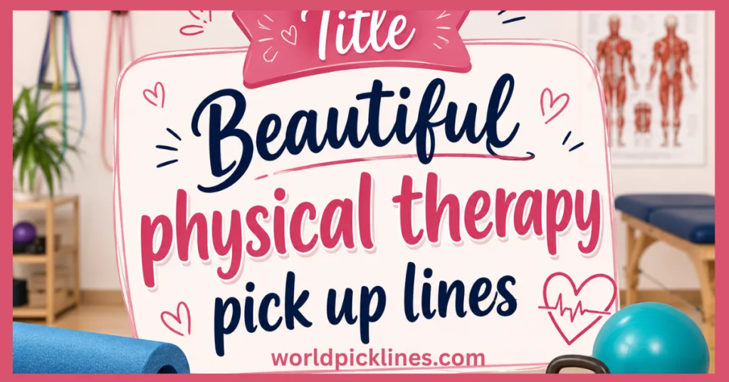 A graphic with heart doodles reading "Beautiful physical therapy pick up lines" set against a blurred physical therapy clinic background.