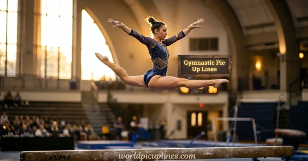 A female gymnast in a blue leotard performing a split leap high above a balance beam in a large gymnasium. A small wooden sign graphic in the background reads "Gymnastic Pic Up Lines," with the website URL worldpicuplines.com displayed along the balance beam.