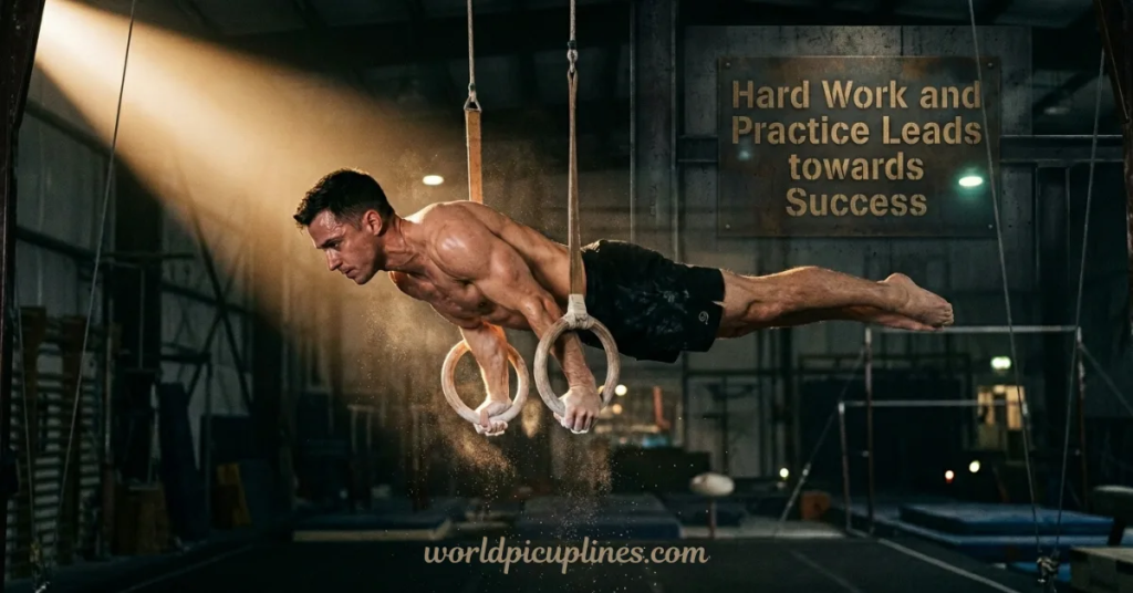 A shirtless male gymnast holding a horizontal planche position on gymnastic rings in a dimly lit gym, illuminated by a spotlight. Text on a sign in the background reads "Hard Work and Practice Leads towards Success," with the website URL worldpicuplines.com at the bottom center.