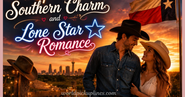 A smiling cowboy and cowgirl at sunset with a city skyline and Texas flag behind them, featured alongside glowing text reading "Southern Charm and Lone Star Romance."