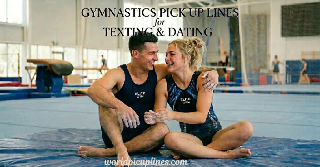 A male and female gymnast in matching "ELITE GYM" athletic wear sitting together on a gymnastics mat, laughing with his arm around her shoulder. Overlay text at the top reads "GYMNASTICS PICK UP LINES for TEXTING & DATING," with the website URL worldpicuplines.com positioned at the bottom center.