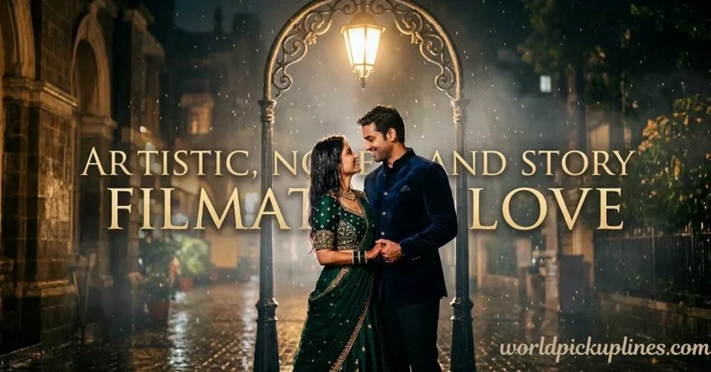 An Indian couple holding hands under a warm street lamp on a rainy night, with overlay text that reads "ARTISTIC, NOVEL AND STORY FILM AT LOVE."