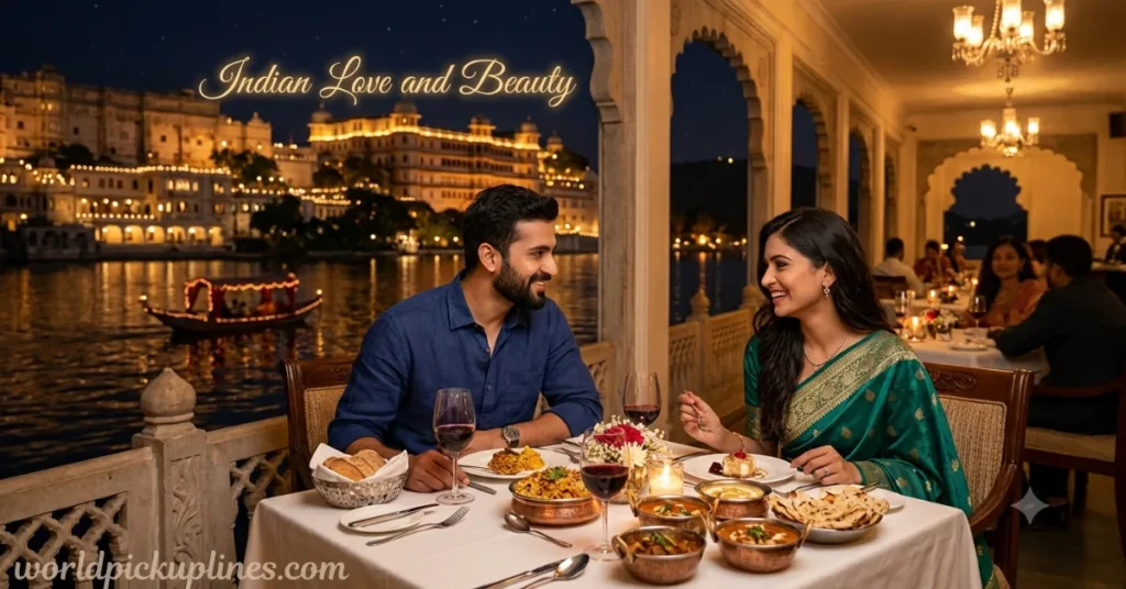 A couple having a romantic lakeside dinner with an illuminated palace background and text reading "Indian Love and Beauty."