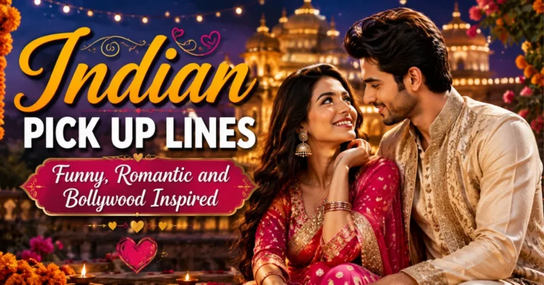 Article banner titled "Indian PICK UP LINES" showing a smiling couple in traditional attire looking at each other outside a palace at night.