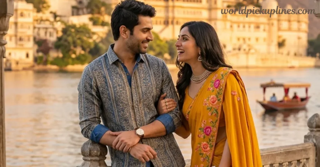 A smiling Indian couple standing together along a lakeside balcony in front of a grand palace, with the woman wearing a yellow embroidered saree and the man in a patterned blue shirt.