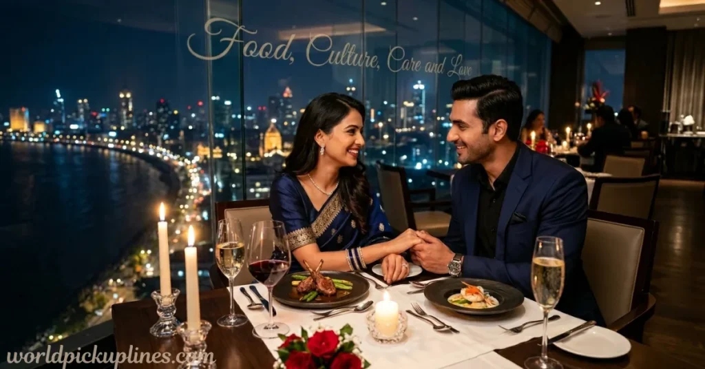 A couple holding hands at a romantic candlelit dinner overlooking a city skyline at night, with text reading "Food, Culture, Care and Love."