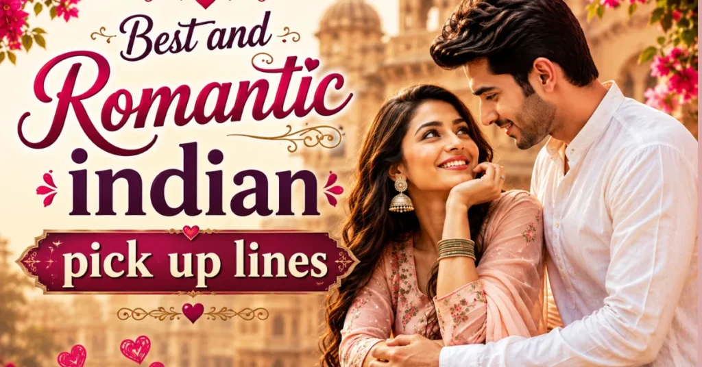 Best and Romantic indian pick up lines" featuring a smiling Indian couple looking at each other against a historical palace background.