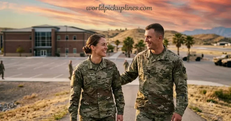 A male and female U.S. Army soldier in camouflage uniforms walking together and laughing on a military base at sunset.