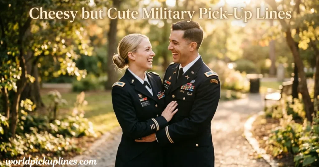 A male and female military officer in dress uniforms embracing and laughing in a sunlit park under text reading "Cheesy but Cute Military Pick-Up Lines."
