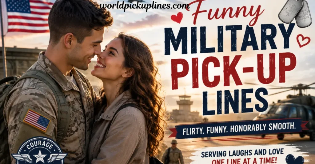 A soldier and a woman touching noses on a military airfield next to bold text reading "Funny MILITARY PICK-UP LINES."
